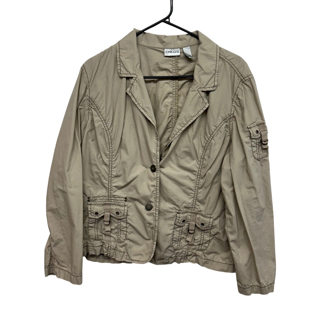 Chico's Cotton Utility Blazer‎ 3 Beige Jacket Pockets Soft Safari Quiet Luxury